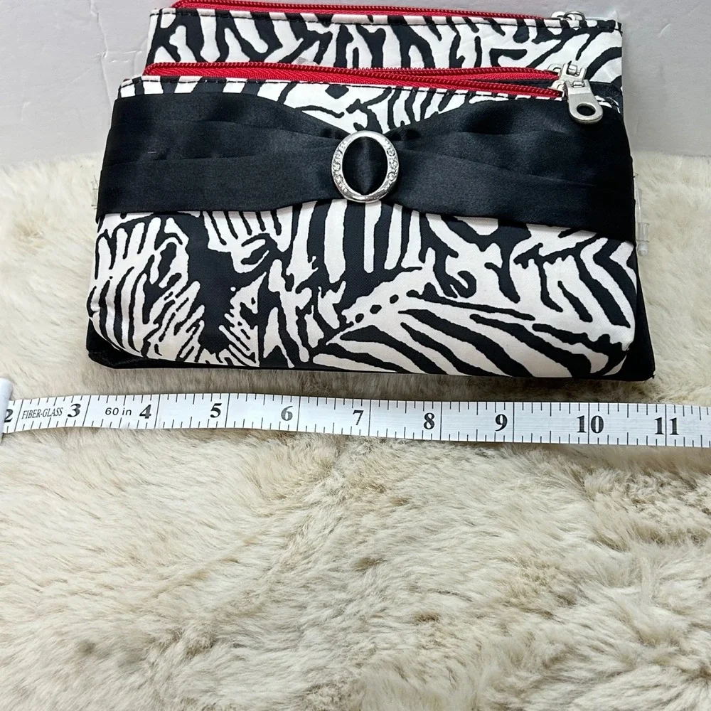 Modella 3 Piece Purse Set Zebra Print Black Bow Accent‎ Travel Organization NEW
